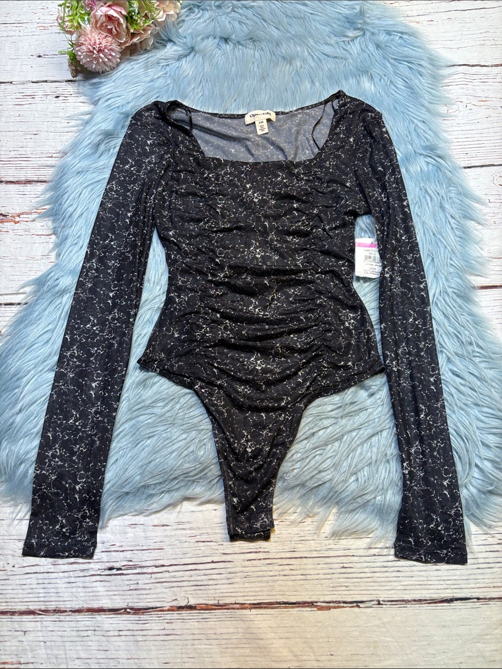 NWT Open Edit Ruched Black White Marbled Long Sleeve Sheer Thong Bodysuit XXS